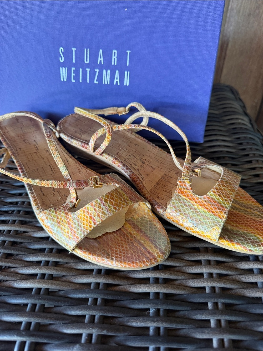 Stuart Weitzman Yellow Multi Snake-Print Strappy Flat Sandals